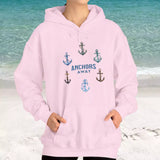 Anchors Away light pink drawstring hoodie on female model