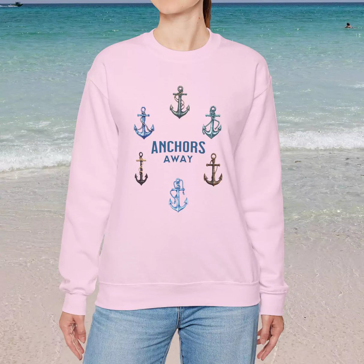 Anchors Away light pink sweatshirt on female model