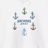 Anchors Away white drawstring hoodie design