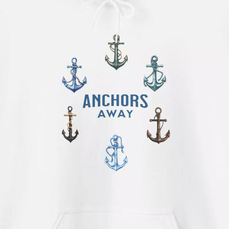 Anchors Away white drawstring hoodie design