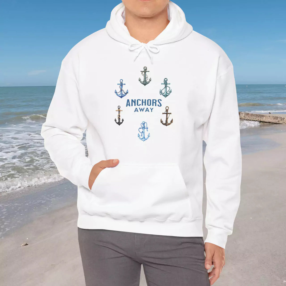 Anchors Away white drawstring hoodie on male model