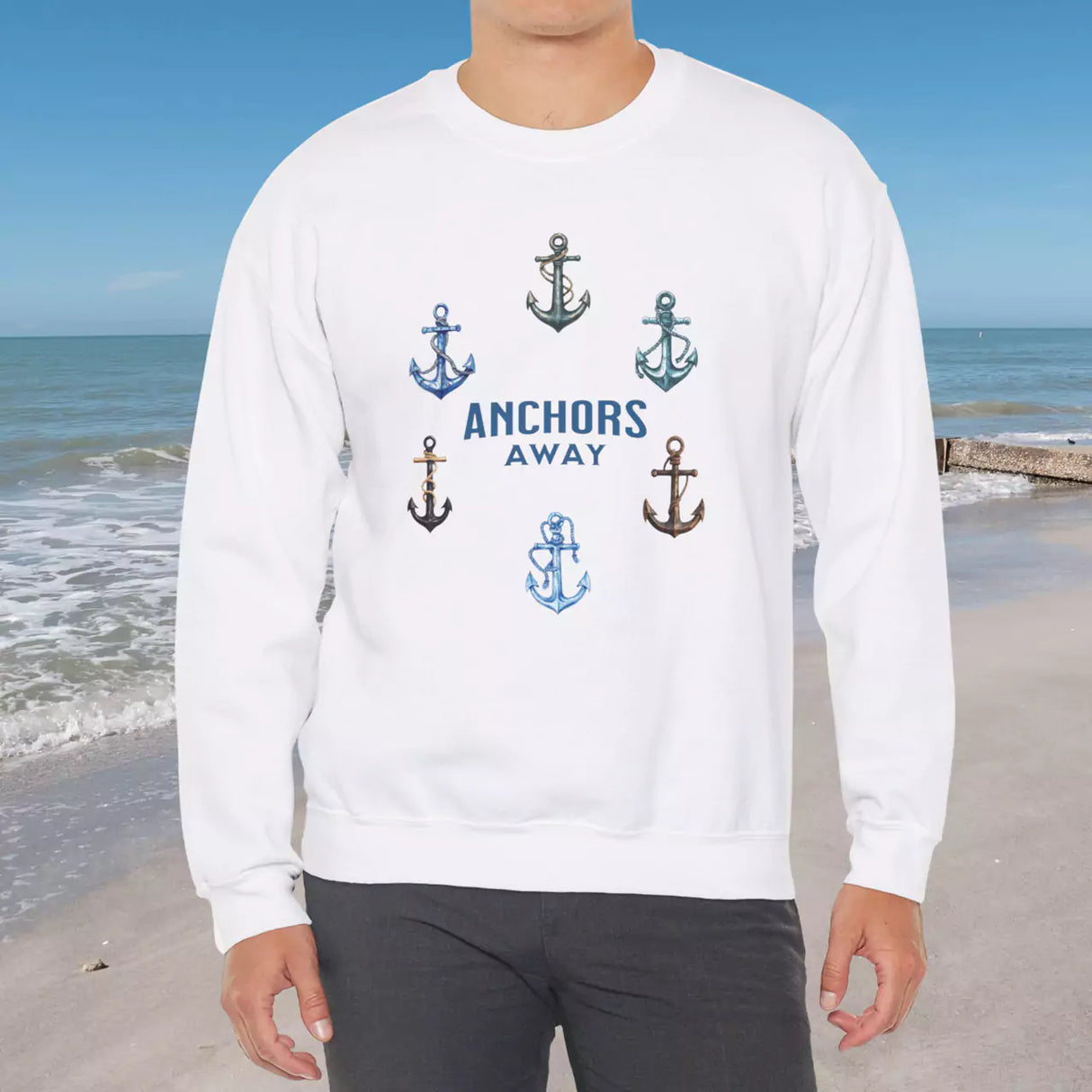 Anchors Away white sweatshirt on male model