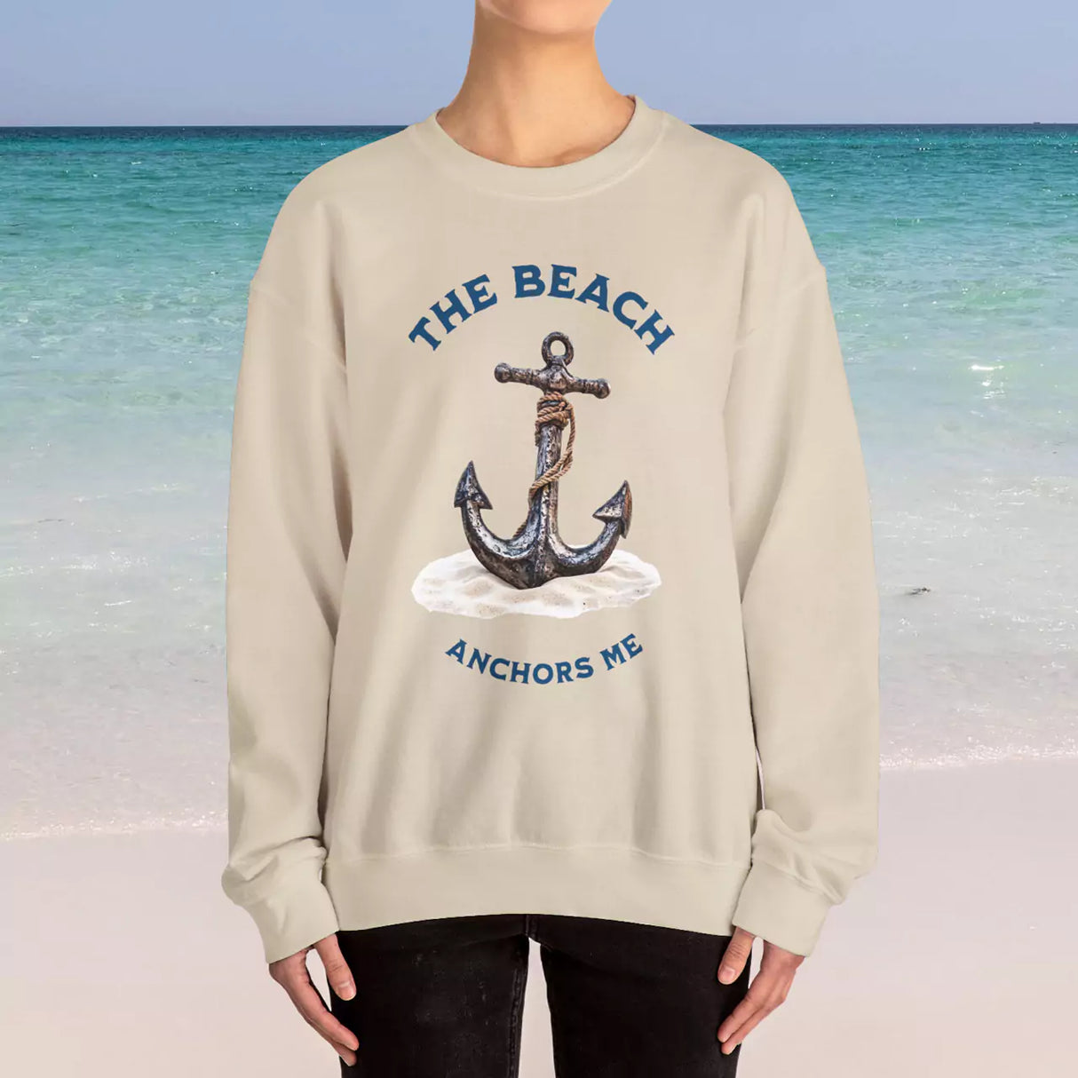 Beach Anchors Me sand-color sweatshirt on female model