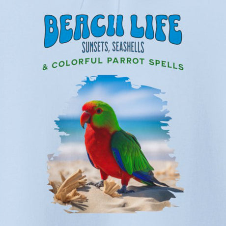 Close-up of Beach Life Parrot Spells hoodie design