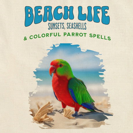 Close-up of Beach Life Parrot Spells tote bag design