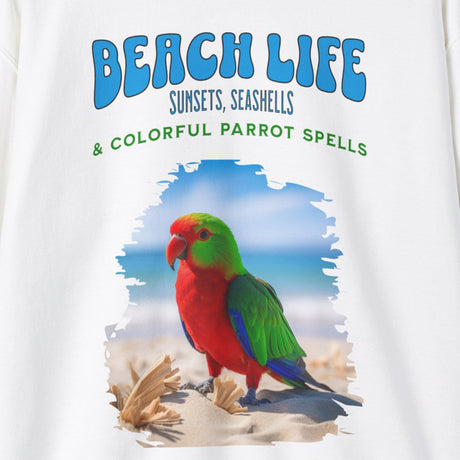 Close-up of Beach Life Parot Spells sweatshirt design