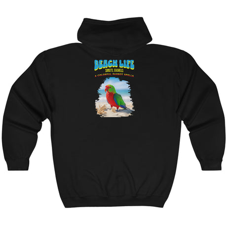 Beach Life Parrot Spells zip up hoodie back in black