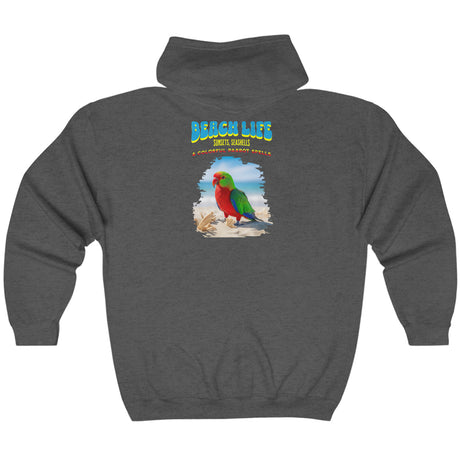 Beach Life Parrot Spells zip up hoodie back in dark heather