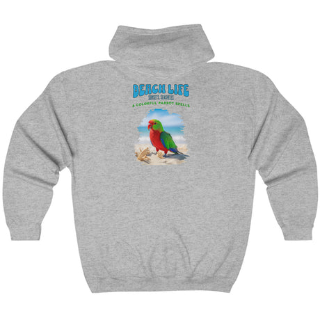 Beach Life Parrot Spells zip up hoodie back in sport gray