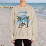 Beach Mode On sand-color sweatshirt on female model