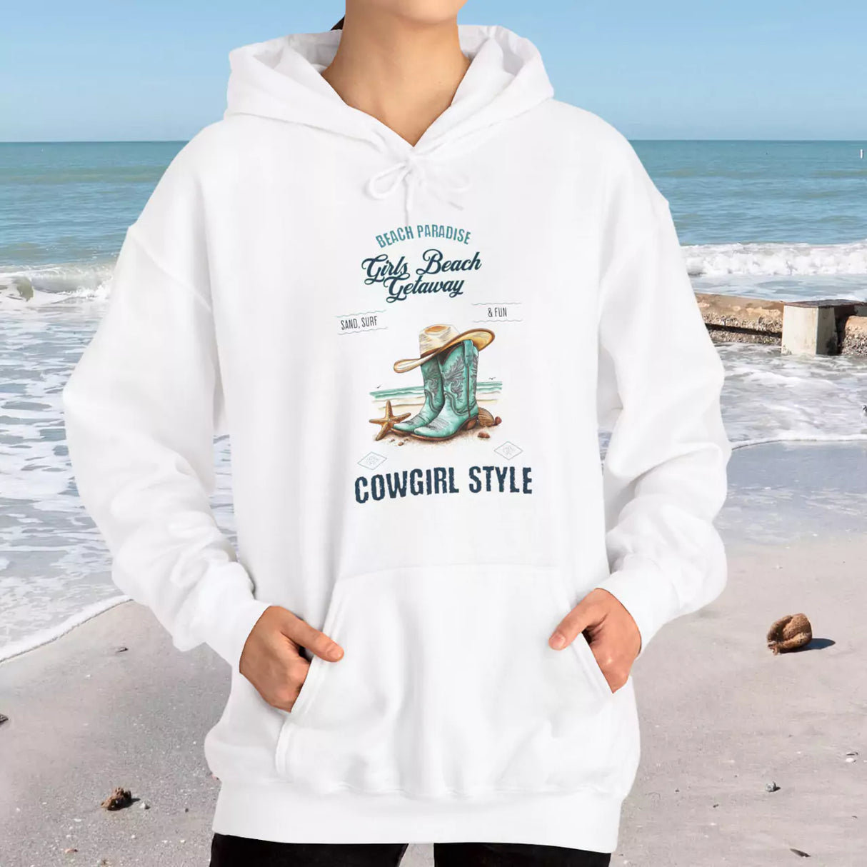 Beach Paradise Cowgirl Style Drawstring Hoodie