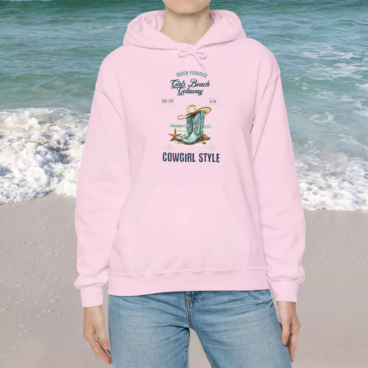 Beach Paradise Cowgirl Style Drawstring Hoodie