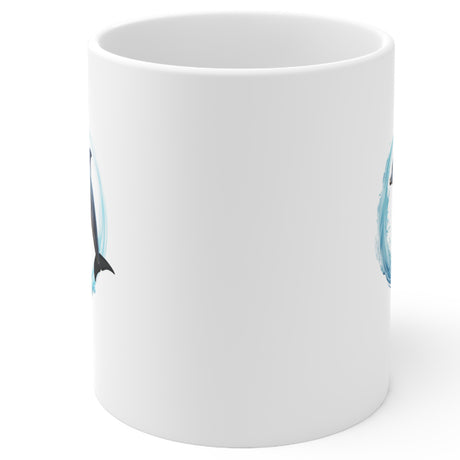 Side view of Coastal Joy Dolphin white 11 oz mug