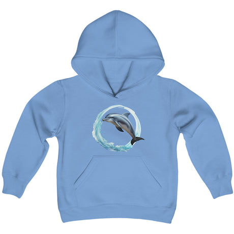 Coastal Joy Dolphin youth hoodie on carolina blue