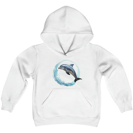 Coastal Joy Dolphin youth hoodie on white