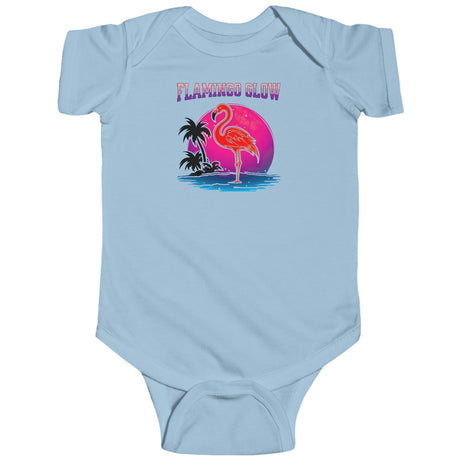 Flamingo Glow baby bodysuit in light blue