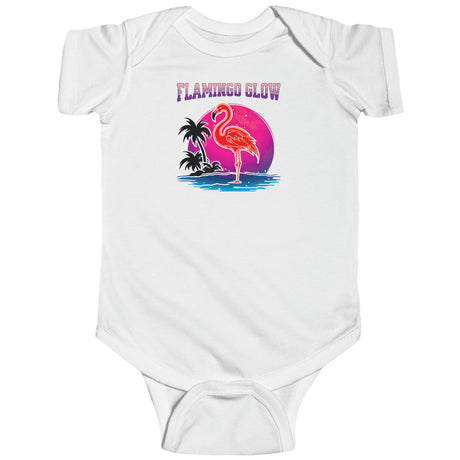 Flamingo Glow baby bodysuit in white