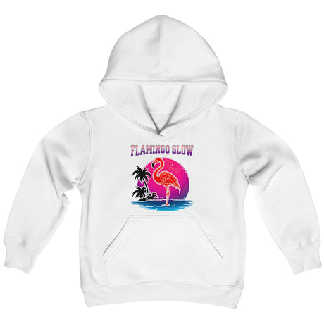 Flamingo Glow youth hoodie in white