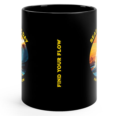 Side with text on Ride The Tide 11 oz black mug