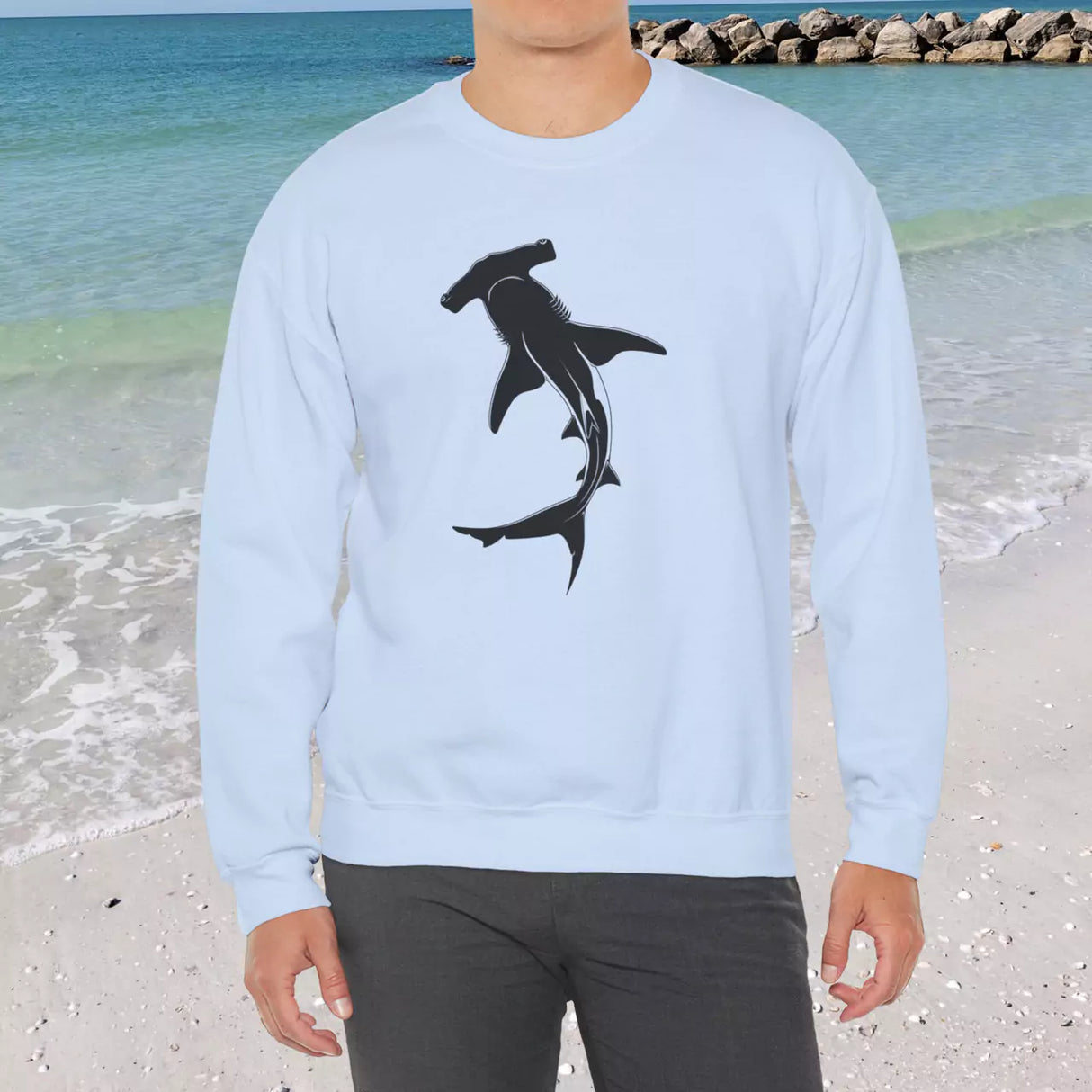 Hammerhead Shark Silhouette light blue sweatshirt on male model