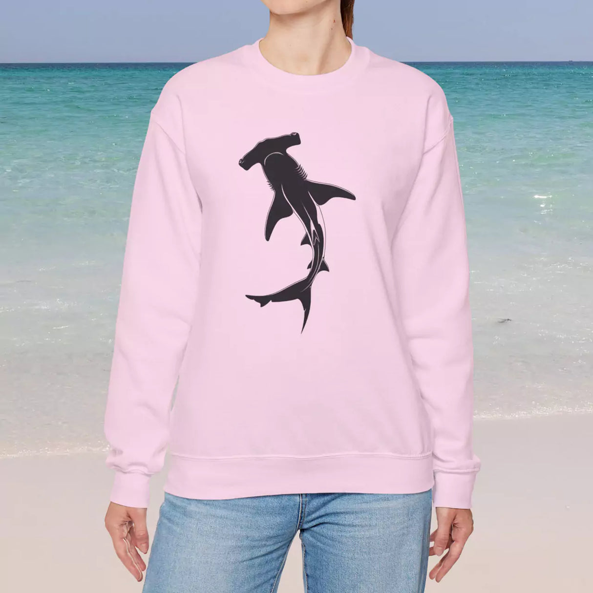 Hammerhead Shark Silhouette light pink sweatshirt on female model