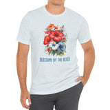 Ice blue Blossoms By The Sea Hibiscus Flowers t-shirt on model