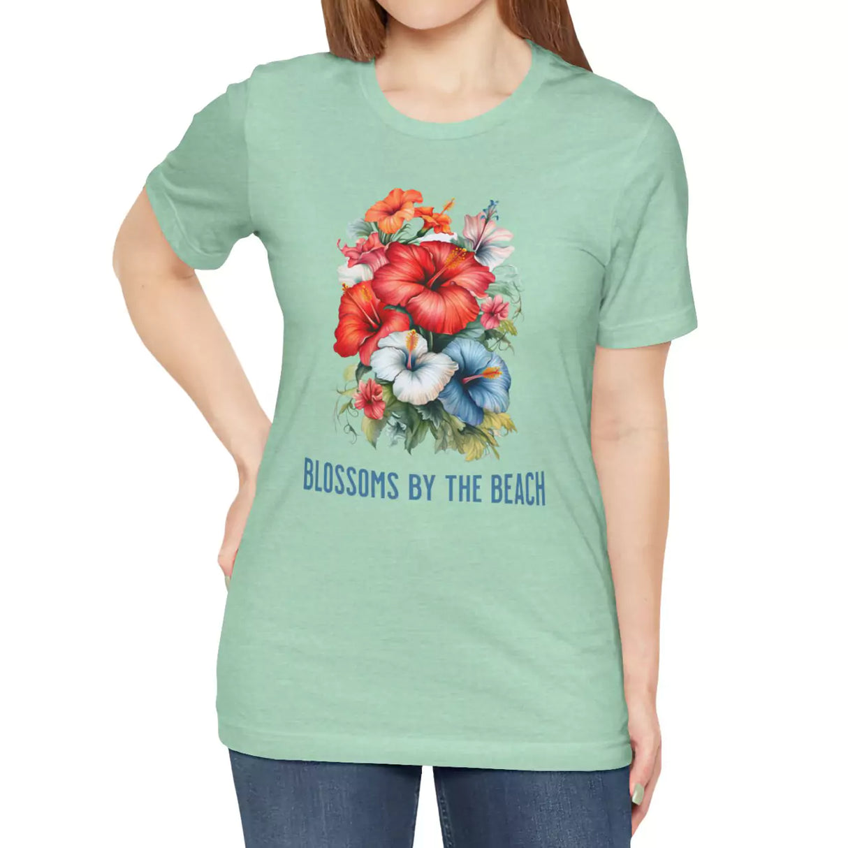 Heather mint Blossoms By The Sea Hibiscus Flowers t-shirt on model