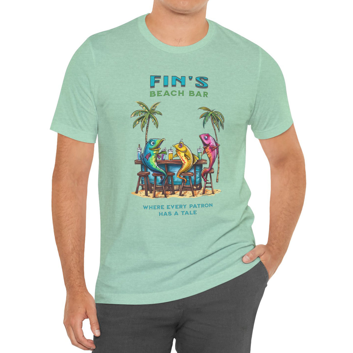 Heather mint Fin's Beach Bar Tales t-shirt on model