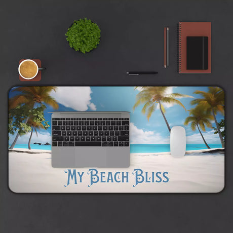 My Beach Bliss desk mat with keyboard and mouse