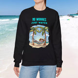 No Worries Just Waves black sweatshirt on female model