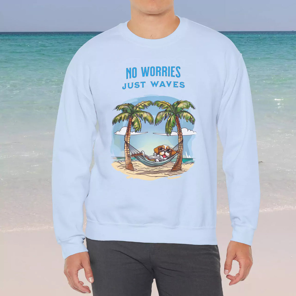 No Worries Just Waves light blue sweatshirt on male model