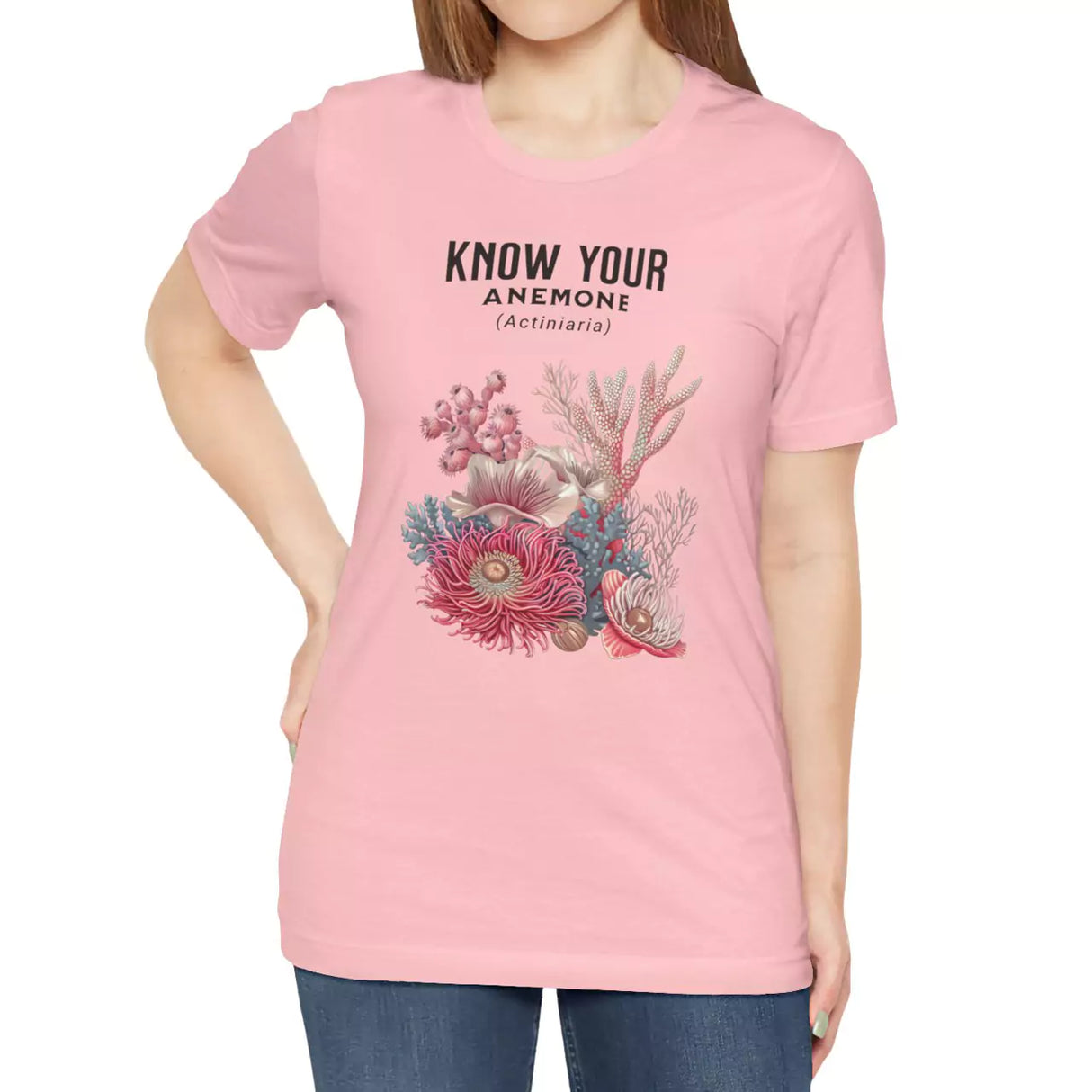 Female model wearing Know Your Anemone t-shirt