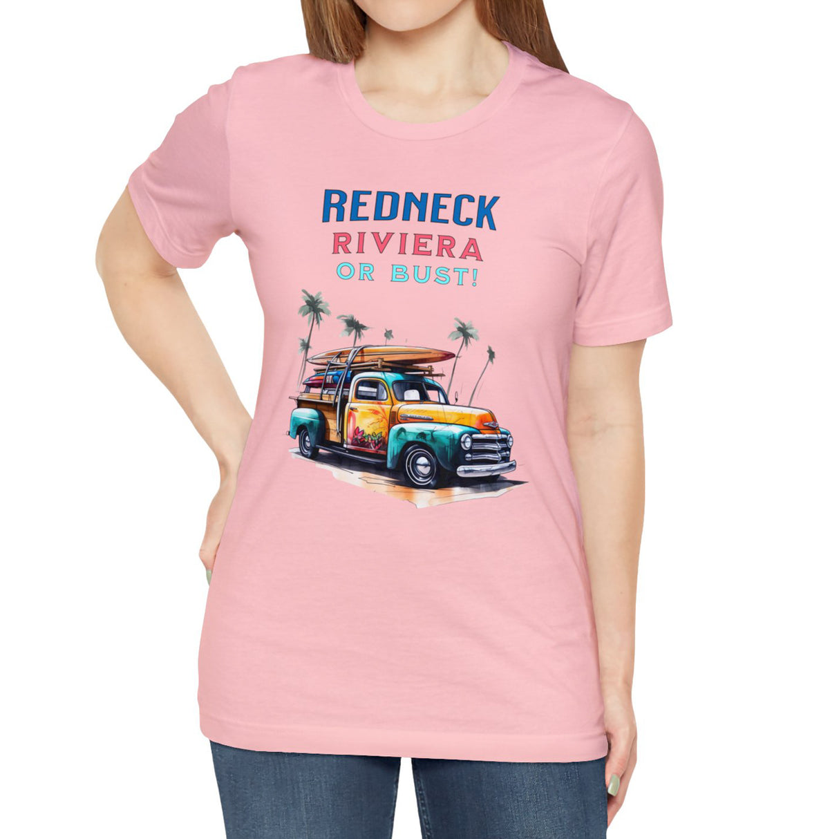 Pink Redneck Riviera Or Bust t-shirt on model