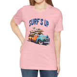 Pink  Surf's Up vintage truck t-shirt on model