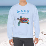 Save Our Sea Turtles light blue sweatshirt on male model