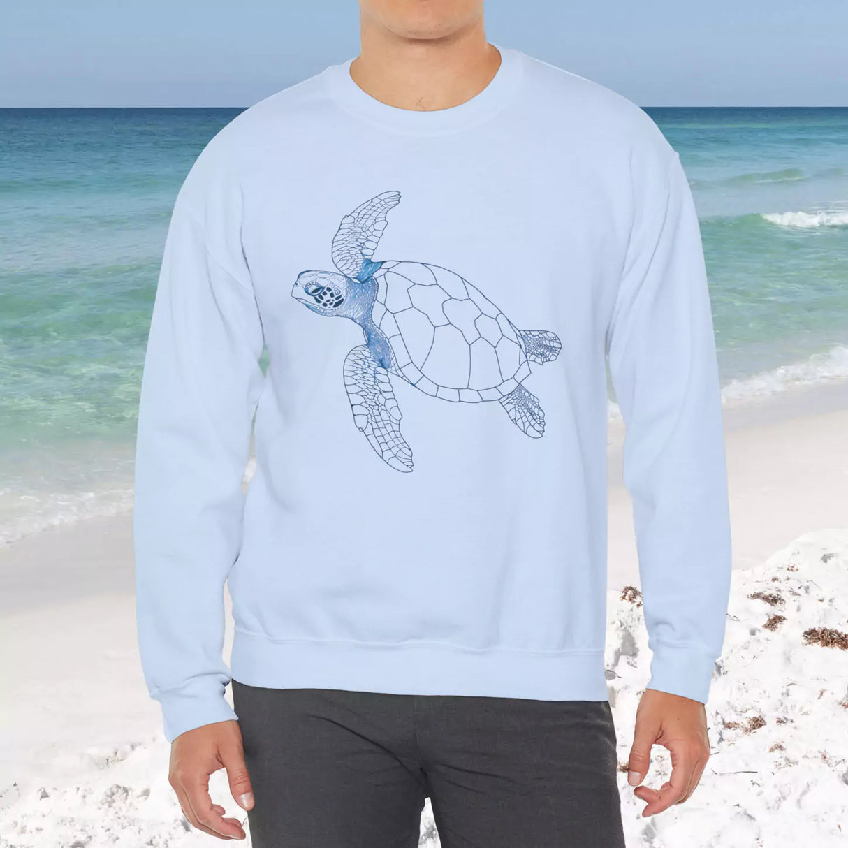 Sea Turtle Ocean Guardian light blue sweatshirt on male model