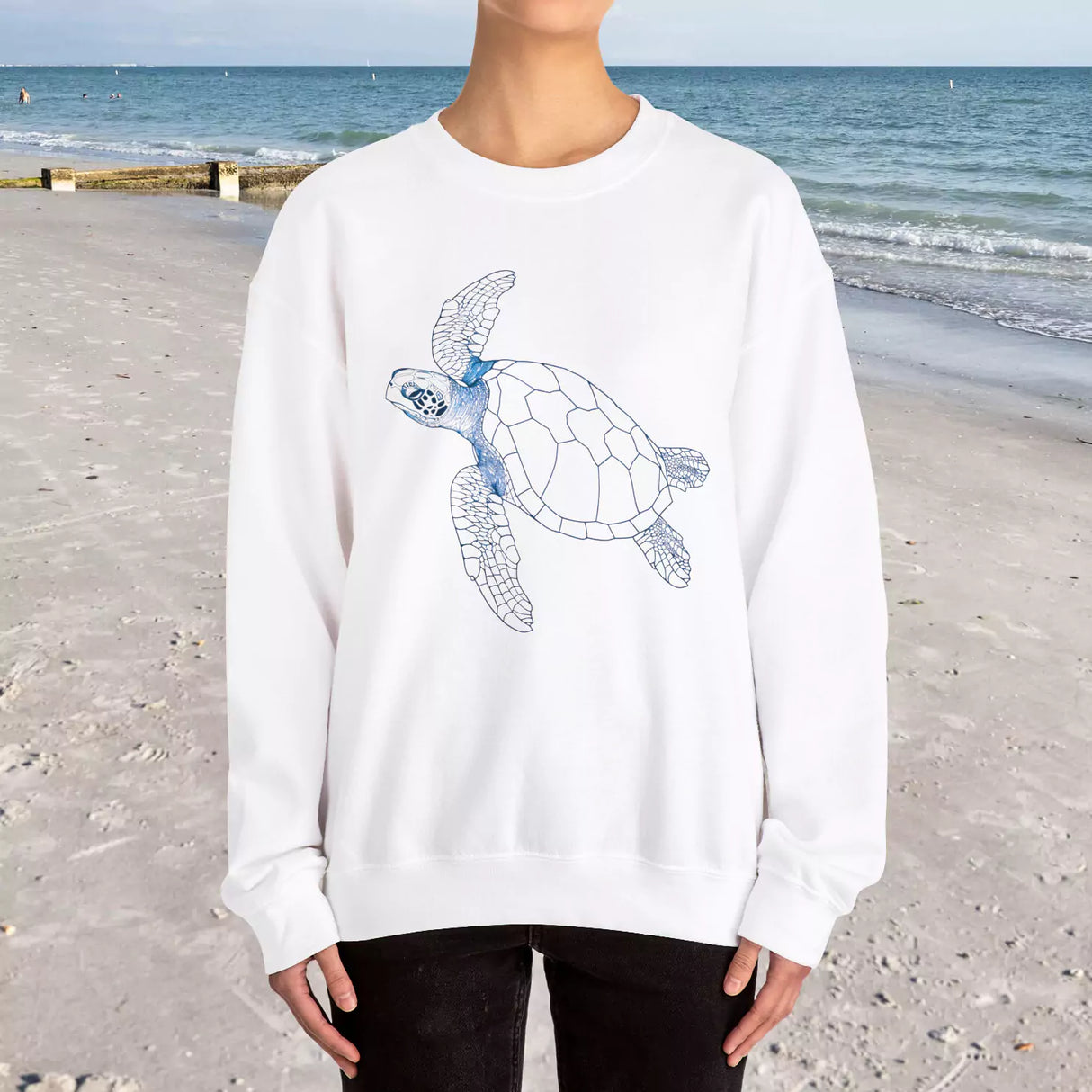 Sea Turtle Ocean Guardian white sweatshirt on female model