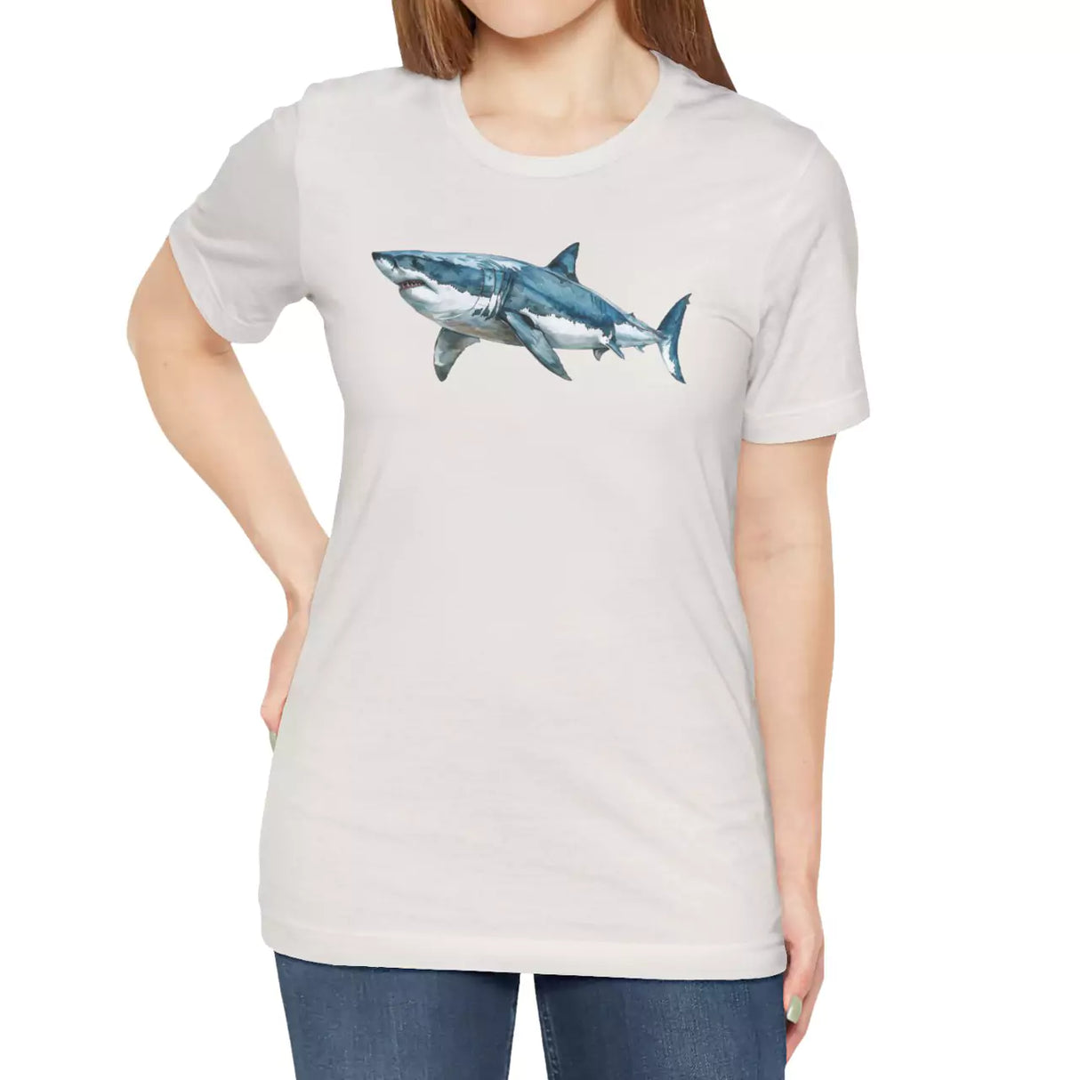 Female model wearing Great White Watercolor t-shirt