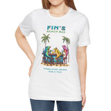 White Fin's Beach Bar Tales t-shirt on model