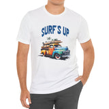 White  Surf's Up vintage truck t-shirt on model