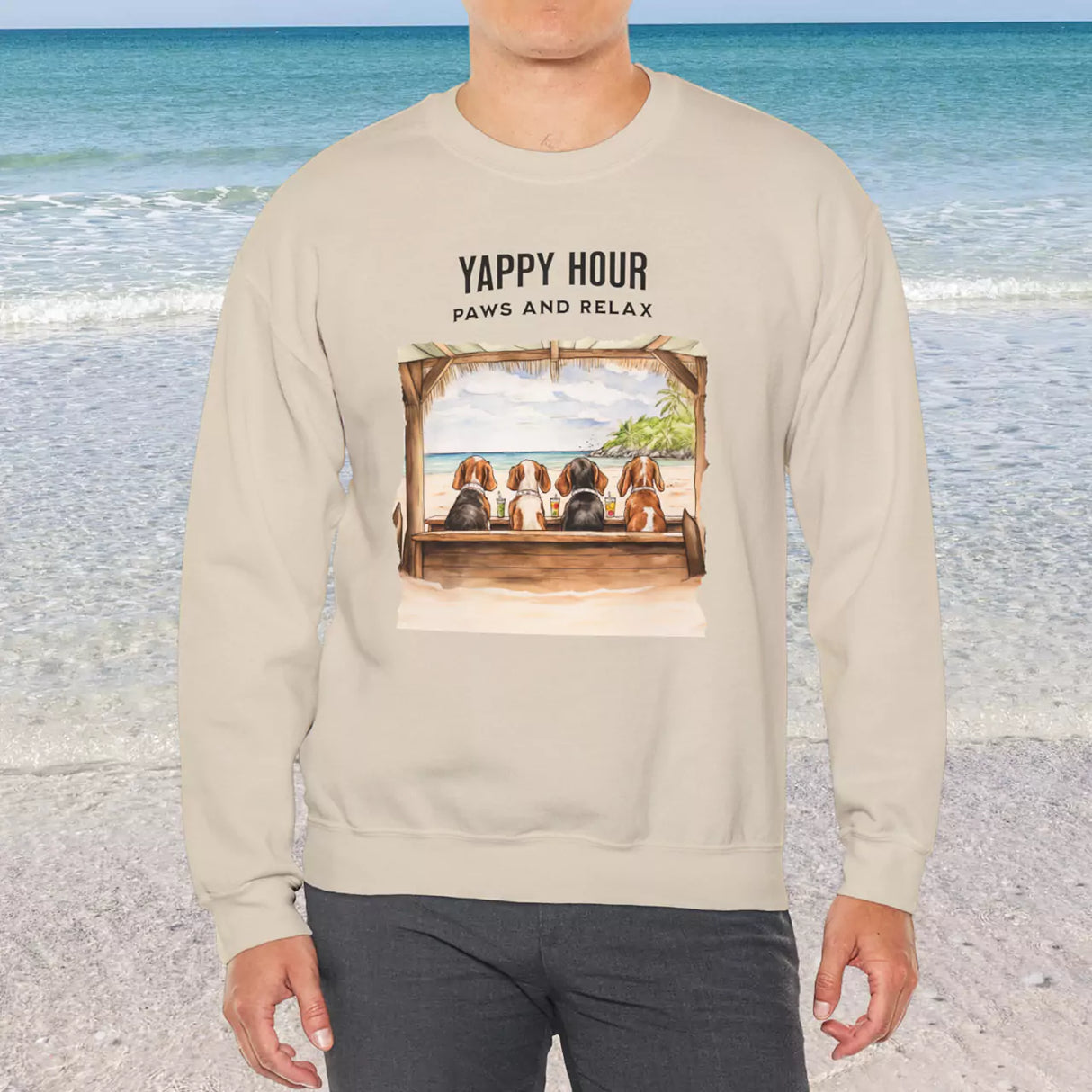 Yappy Hour sand-color sweatshirt on male model