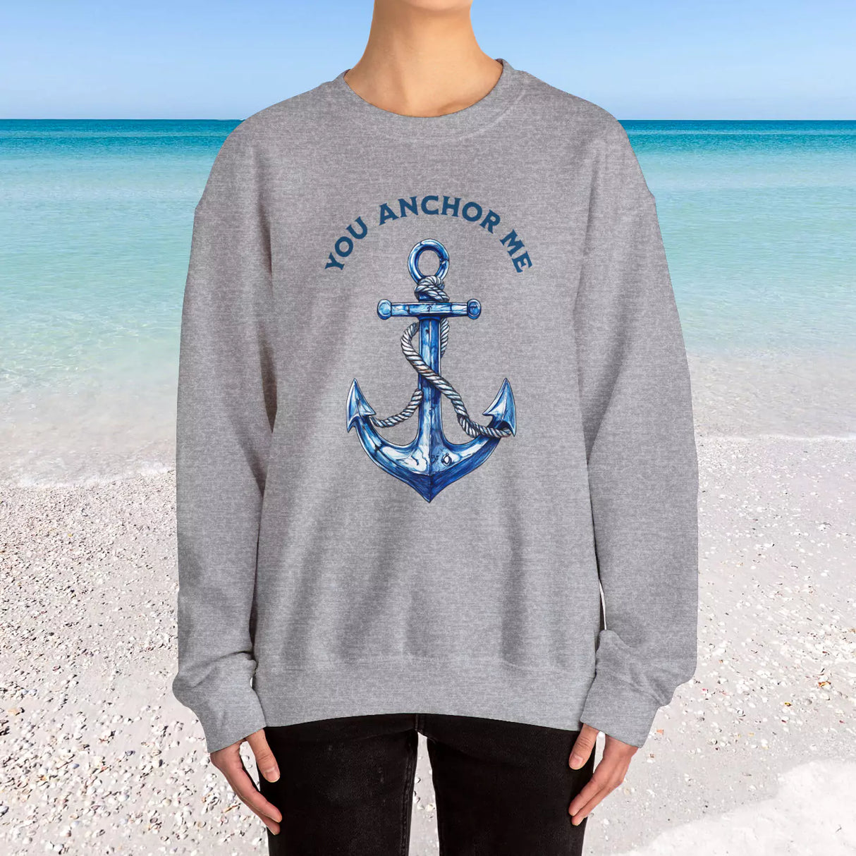 You Anchor Me sport gray sweatshirt on female model