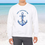 You Anchor Me white sweatshirt on male model