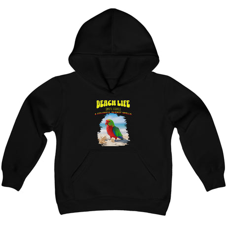 Beach Life Parrot Spells youth hoodie in black