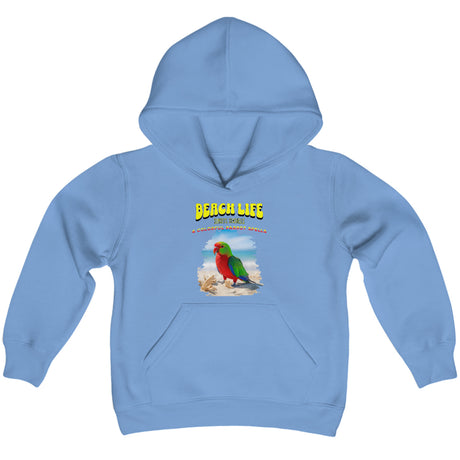 Beach Life Parrot Spells youth hoodie in carolina blue