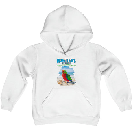 Beach Life Parrot Spells youth hoodie in white